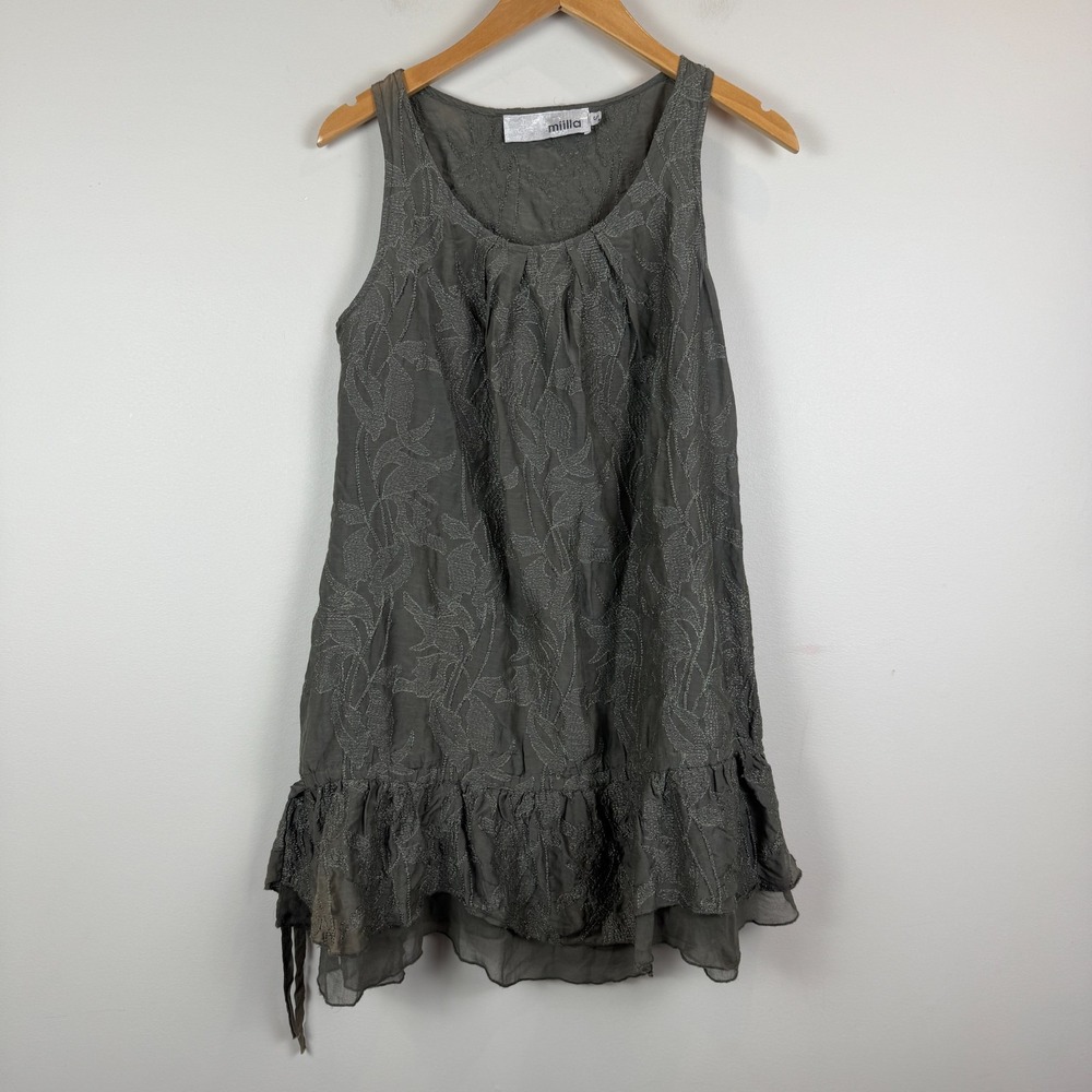 Miilla Mini Dress Women S Gray Sparkly Leaf Embroidery Silk Blend Ruffle Hem Y2K